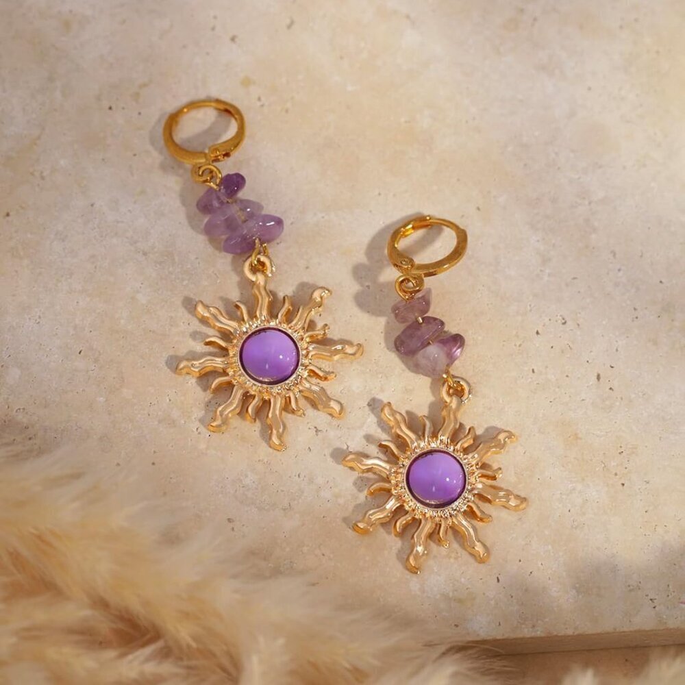 Hippie Boho Sun Crystal Hoop Earrings Summer Jewelry Gift for Women - Picture 5 of 6